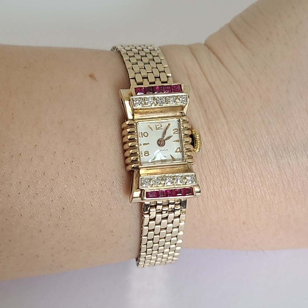Antique 14K Yellow Gold Custom 17 Jewel Luxury Diamond Ruby Wind Up Manual Watch - Picture 15 of 16